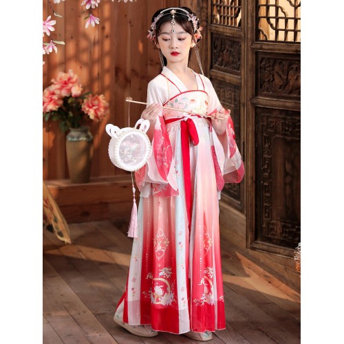 Girls Red Hanfu Fairy dress Ru skirt Chinese style long-sleeved Chinese ancient folk costume princess classical dance dress Tang  guzheng performance clothes for kids